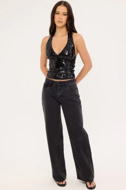 Freja Sequin Halter Top Black
