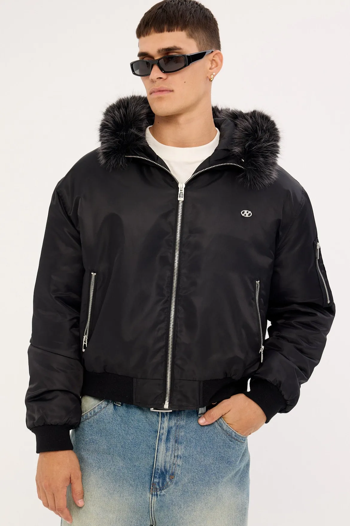 Frosted Hooded Faux Fur Bomber Jacket Black