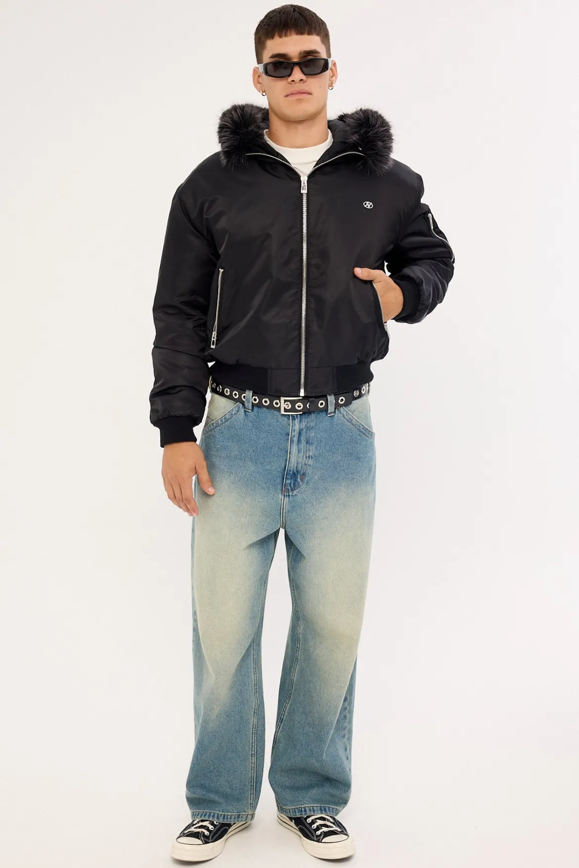 Frosted Hooded Faux Fur Bomber Jacket Black