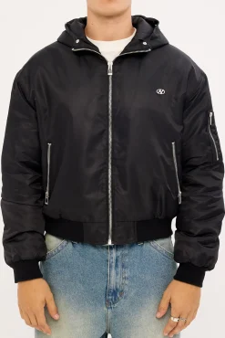 Frosted Hooded Faux Fur Bomber Jacket Black