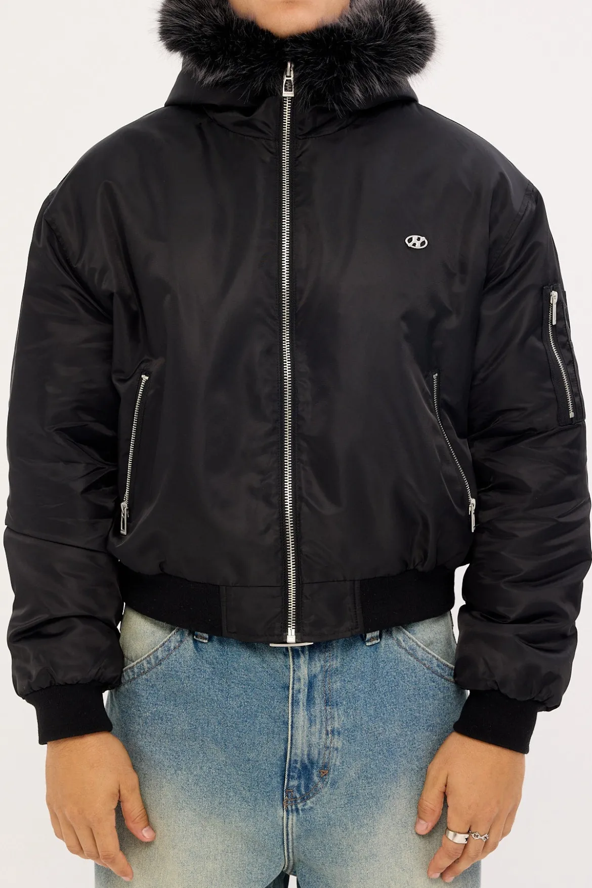 Frosted Hooded Faux Fur Bomber Jacket Black