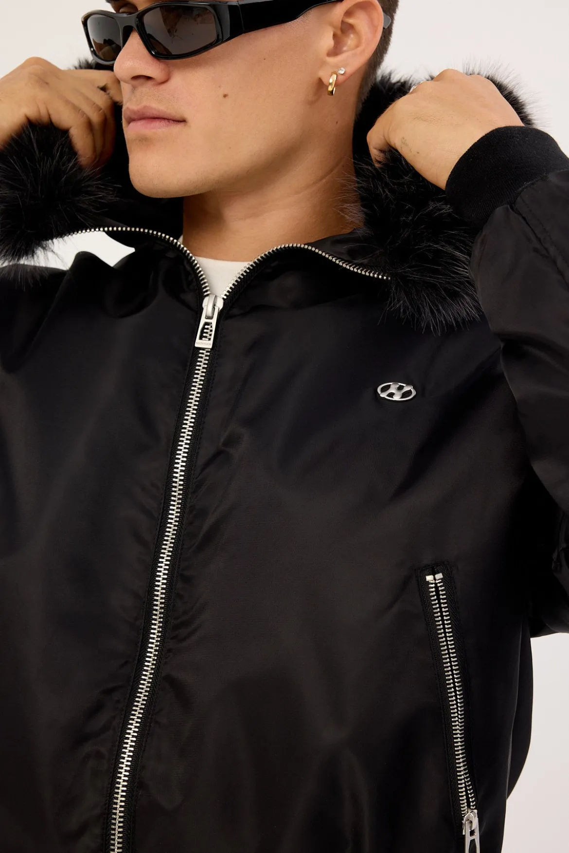 Frosted Hooded Faux Fur Bomber Jacket Black