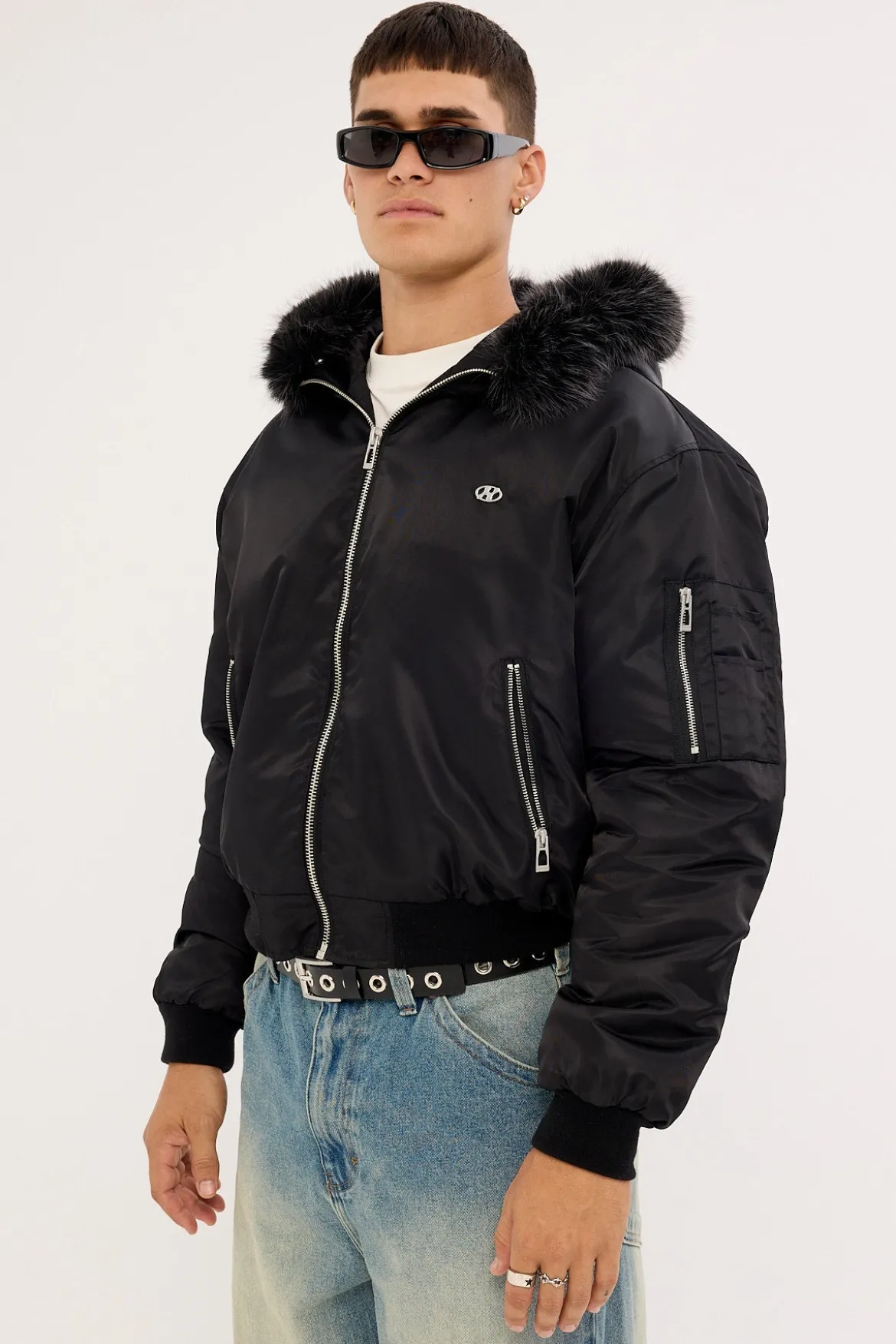 Frosted Hooded Faux Fur Bomber Jacket Black
