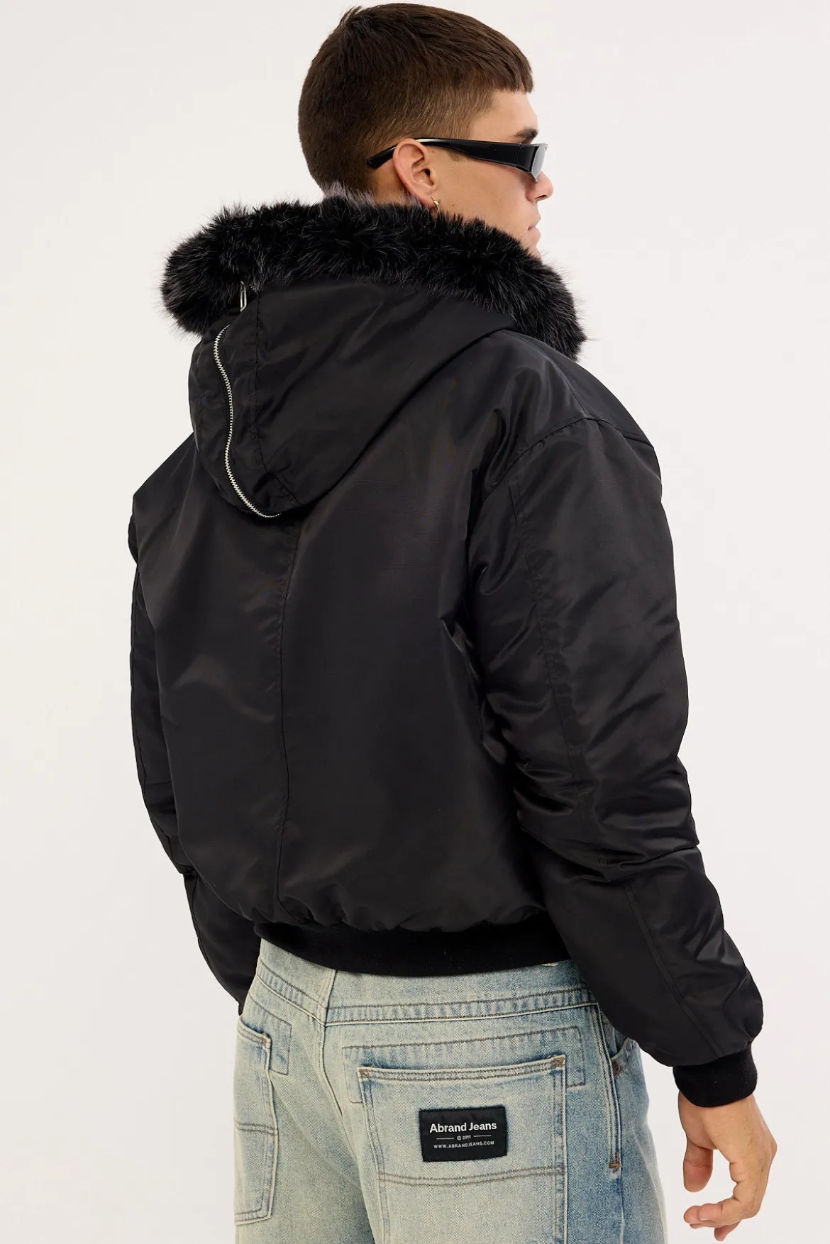 Frosted Hooded Faux Fur Bomber Jacket Black