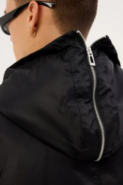 Frosted Hooded Faux Fur Bomber Jacket Black