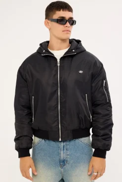 Frosted Hooded Faux Fur Bomber Jacket Black