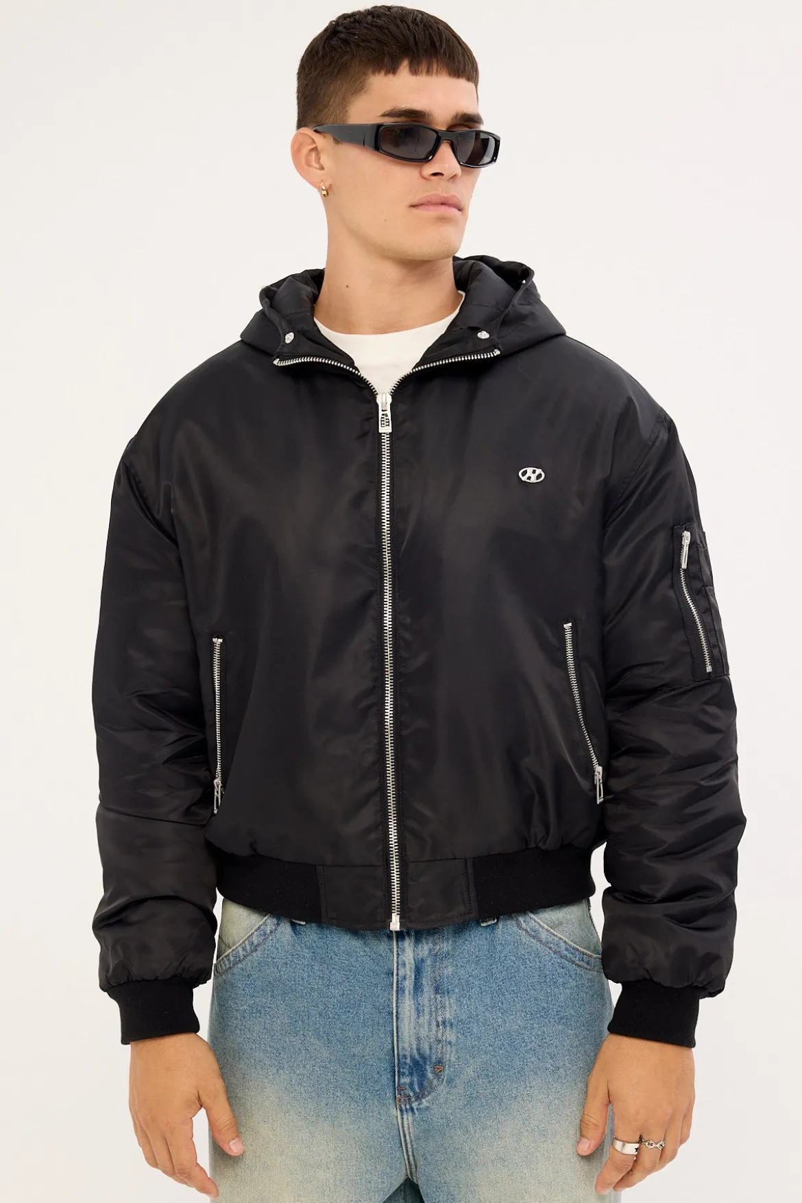 Frosted Hooded Faux Fur Bomber Jacket Black