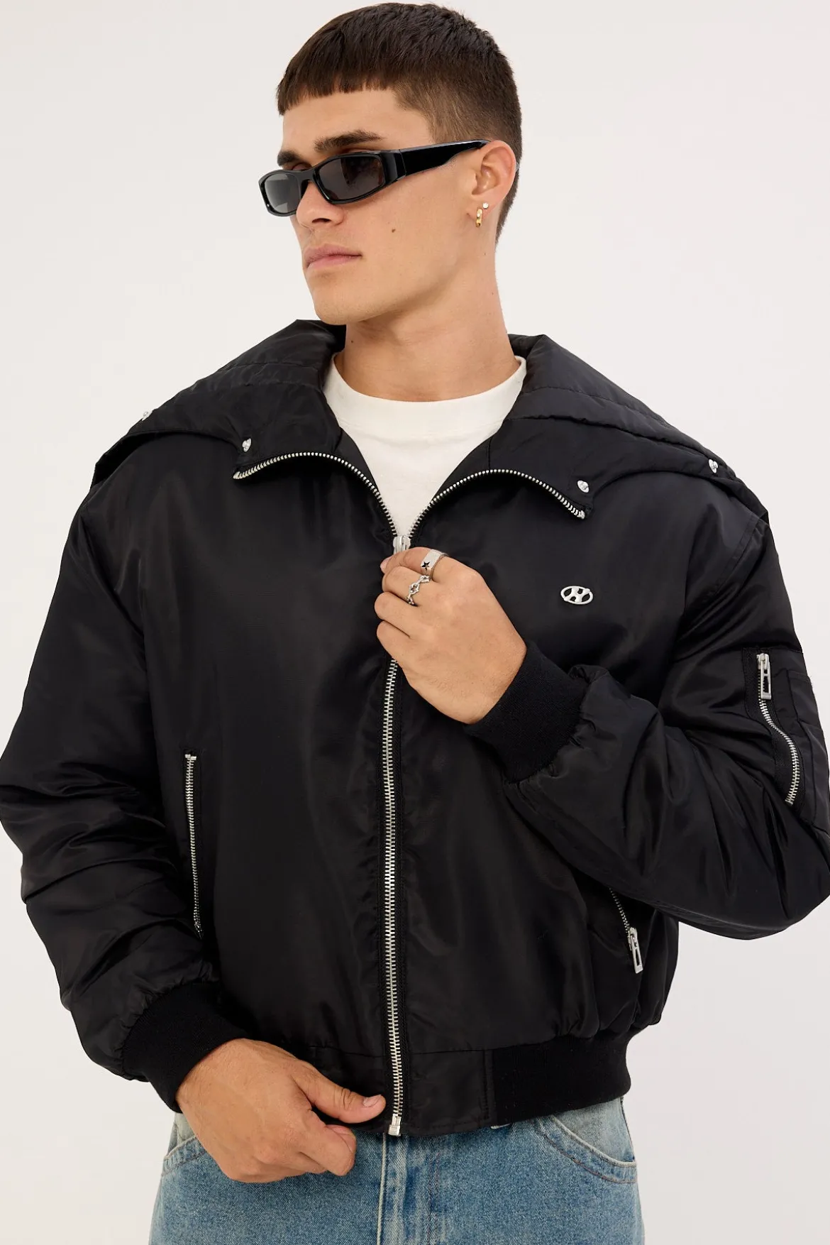 Frosted Hooded Faux Fur Bomber Jacket Black