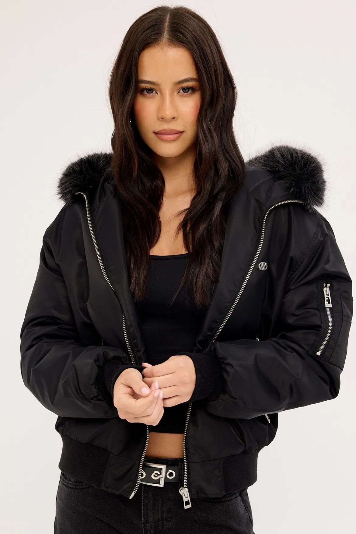 Frosted Hooded Faux Fur Bomber Jacket Black