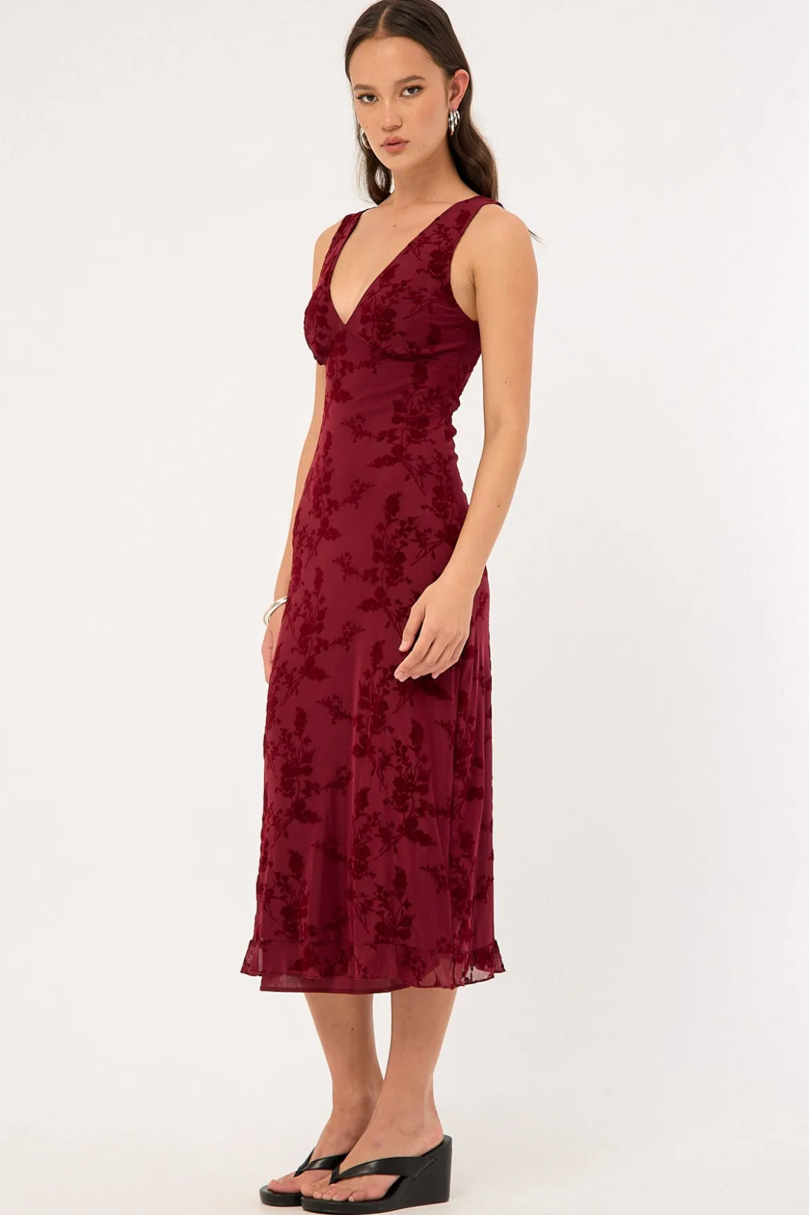 Gabriela Midi Dress Botanical Flower Maroon