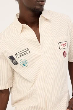 Getaway Boxy Cropped Shirt White/Tan Stripe