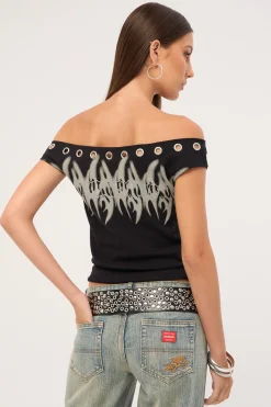 Ghosted Cold Shoulder Off Shoulder Top Black