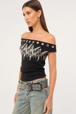 Ghosted Cold Shoulder Off Shoulder Top Black