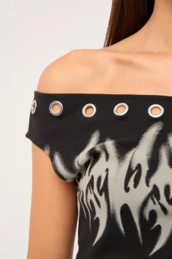Ghosted Cold Shoulder Off Shoulder Top Black
