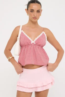 Gingham Garden Top Red Print