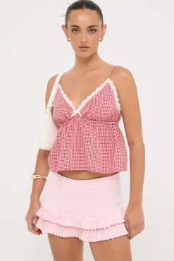 Gingham Garden Top Red Print