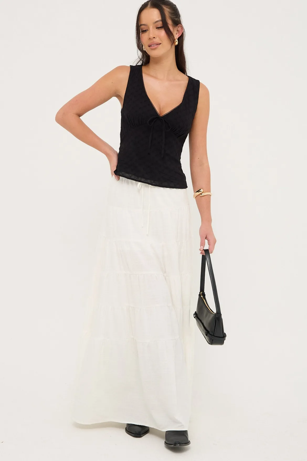 Gracie V Neck Broderie Top Black