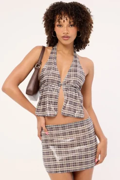 Guizio Skirt Sequin Vintage Check Brown