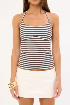 Halter Tie Tank Top Brown Stripe