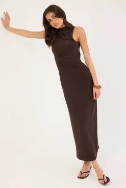 Havana High Neck Open Back Maxi Dress Brown