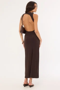 Havana High Neck Open Back Maxi Dress Brown