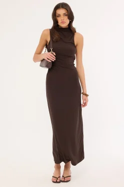 Havana High Neck Open Back Maxi Dress Brown
