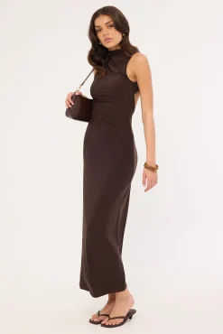 Havana High Neck Open Back Maxi Dress Brown