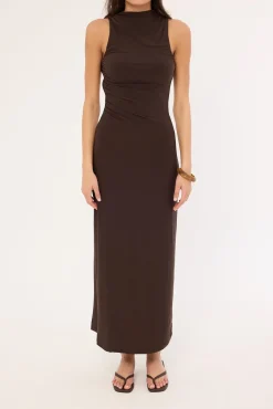 Havana High Neck Open Back Maxi Dress Brown