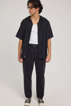 Hemp Minimal Thrills Constrast Stiching Bowling Shirt Black