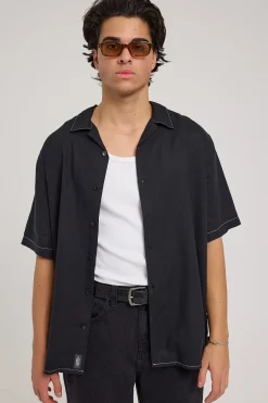 Hemp Minimal Thrills Constrast Stiching Bowling Shirt Black