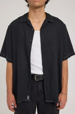 Hemp Minimal Thrills Constrast Stiching Bowling Shirt Black