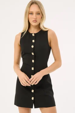 High Neck Button Suiting Mini Dress Black