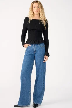 High Neck Shirred Long Sleeve Top Black