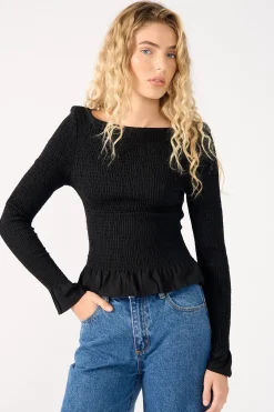 High Neck Shirred Long Sleeve Top Black
