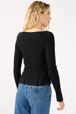 High Neck Shirred Long Sleeve Top Black