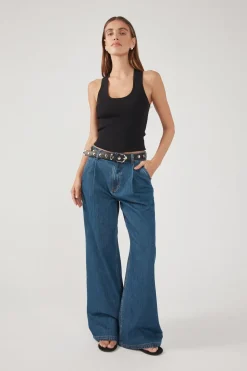 High Rise Pleated Jean Deep Blue Denim