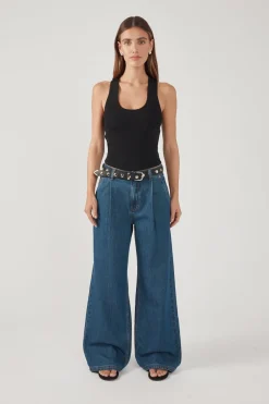 High Rise Pleated Jean Deep Blue Denim