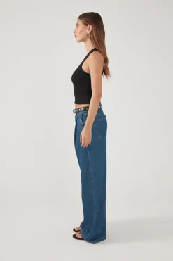 High Rise Pleated Jean Deep Blue Denim