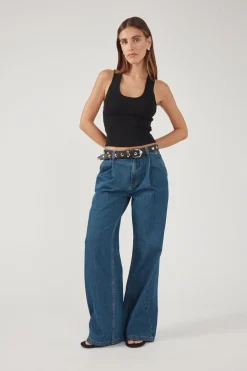 High Rise Pleated Jean Deep Blue Denim