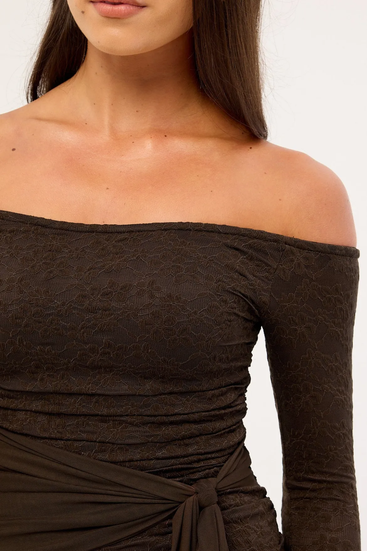 Hollie Lace Long Sleeve Mini Dress Brown