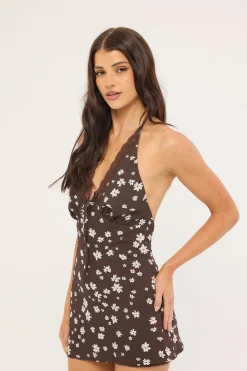 Honeybloom Halter Mini Dress Brown