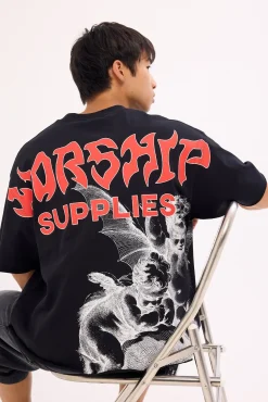 Horns Box Crop Oversize Tee Black Black