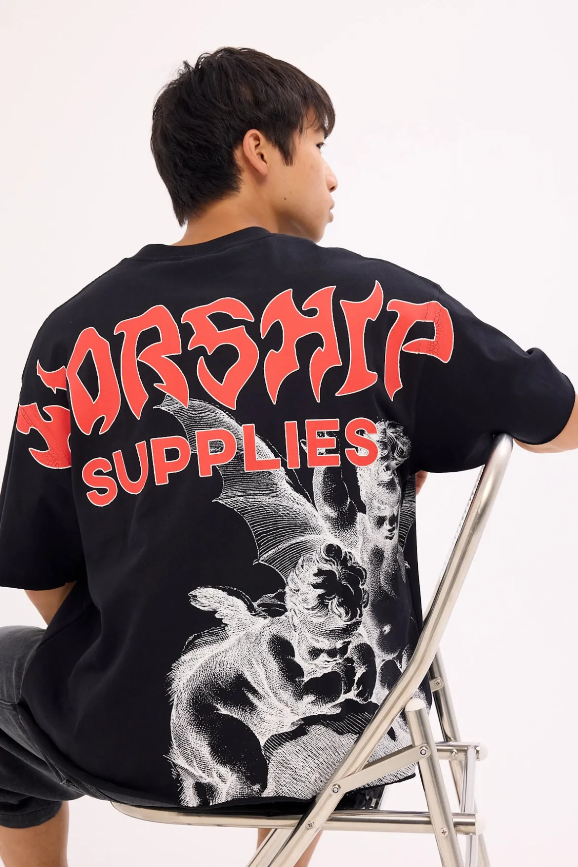 Horns Box Crop Oversize Tee Black Black
