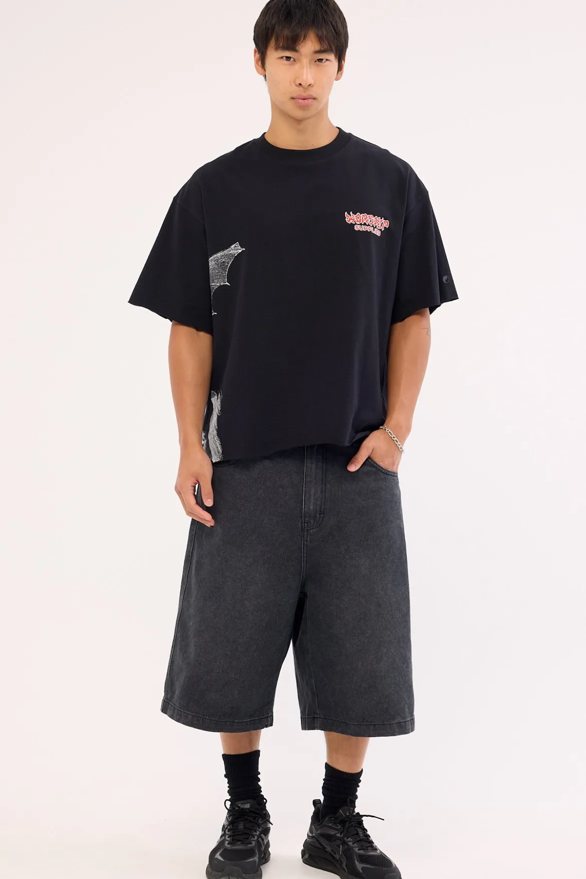 Horns Box Crop Oversize Tee Black Black