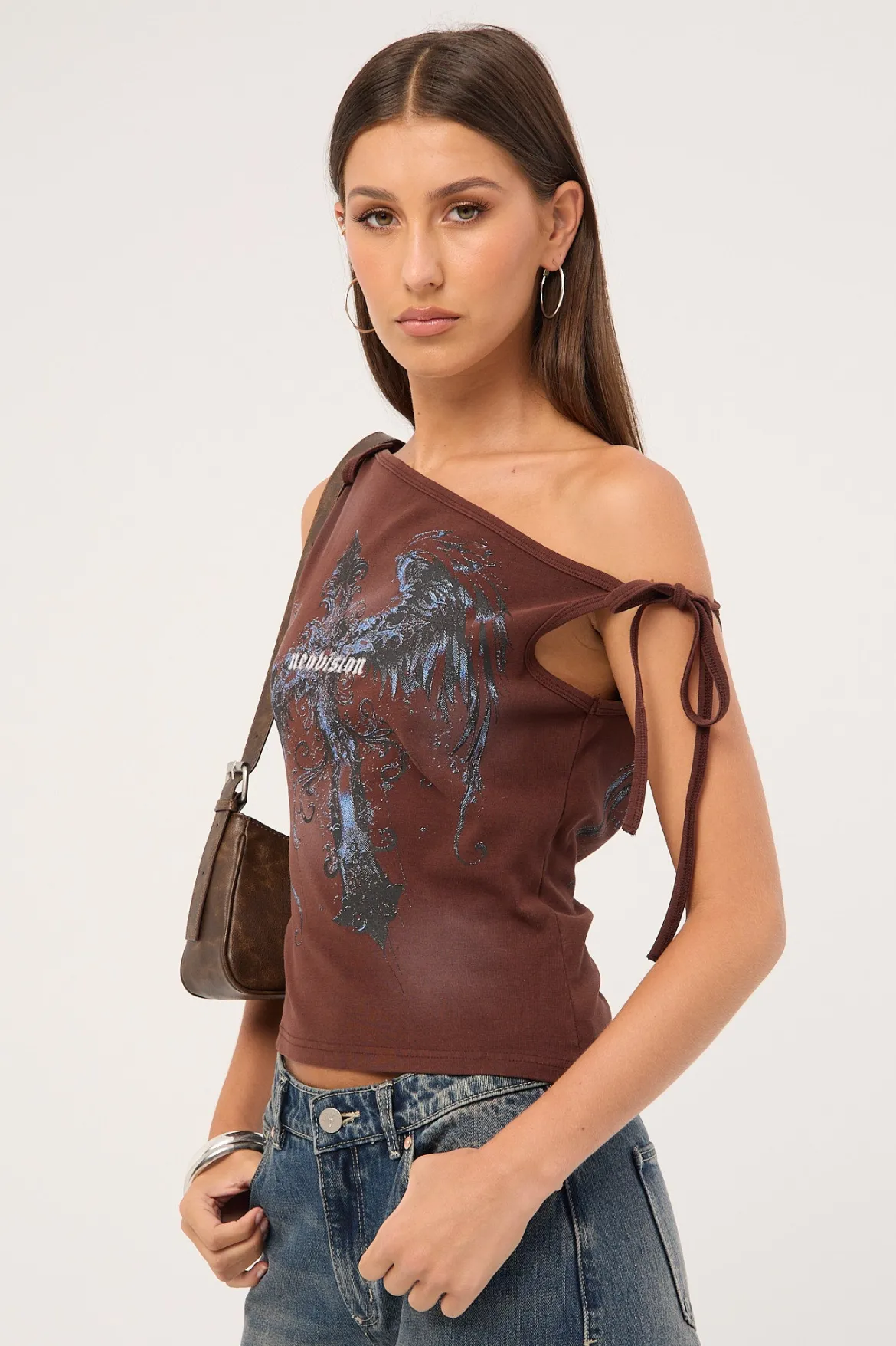 Insignia Off Shoulder Top Washed Brown