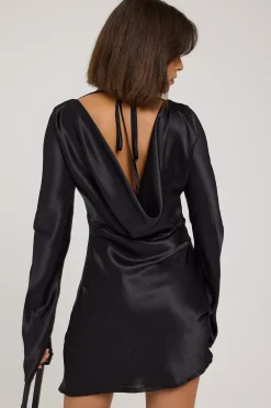 Isla Long Sleeve Cowl Mini Dress Black