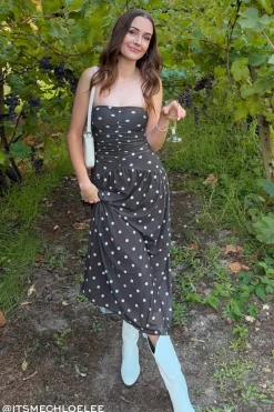 Issy Polka Mesh Midi Dress Brown Polka