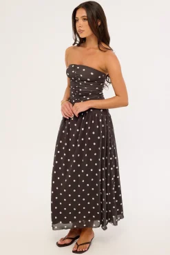 Issy Polka Mesh Midi Dress Brown Polka