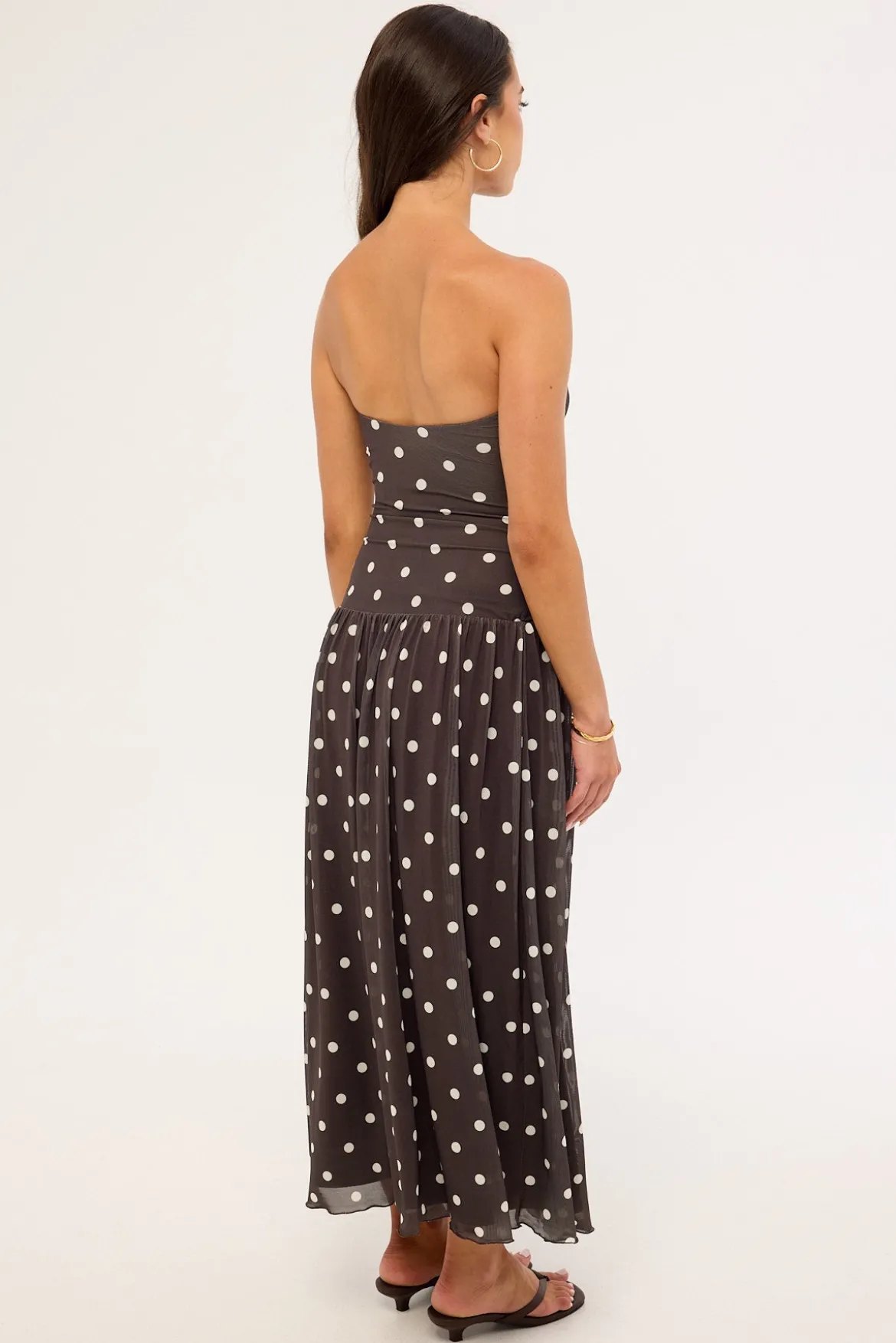Issy Polka Mesh Midi Dress Brown Polka