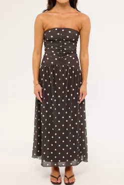 Issy Polka Mesh Midi Dress Brown Polka